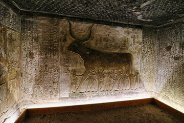 Beautiful wall relief of a Celestial Cow depicting scenes from the Book of the Heavenly Cow in the...