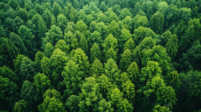 Environmental conservation concept, A dense forest canopy viewed from above, underscoring the significance of preserving forest ecosystems. Realistic Photo,