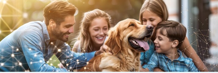 Imaginative family cuddling a loving, loyal canine out on the lawn of a summer house. A happy family cuddling its golden retriever dog.