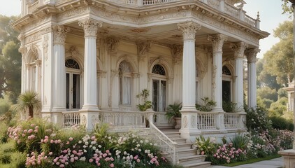 Obraz premium Classical Architecture - Greek Revival Mansion in a Garden Setting