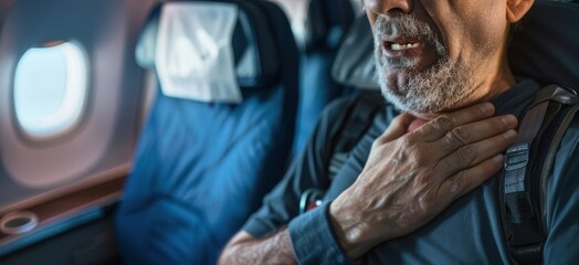 Fototapeta premium A man experiencing discomfort while sitting in an airplane seat during a flight, suggesting a possible health issue or difficult travel experience.