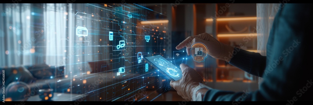 Poster using a smartphone to control his house. smart home device with light theme infographic shown on dis
