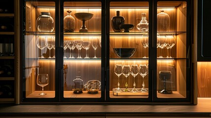Stylish luxury cabinet with glass doors, close-up of well-arranged contents, isolated background with studio lighting, perfect for modern furniture advertisements
