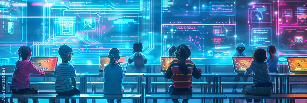 Poster in the modern colorful classroom, children learn basic computer skills from a teacher educating smar