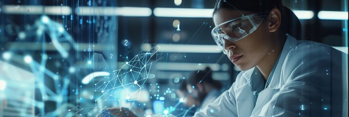 Various male and female medical researchers work in a modern laboratory to develop a new generation of medical products. A young woman browses research data on a computer.