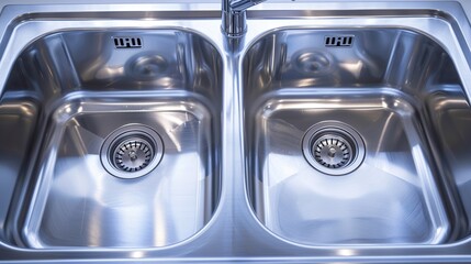 Stainless steel sink with vintage kitchen elements, close-up shot, showcasing its sleek design and easy-to-clean surface, isolated background, studio lighting