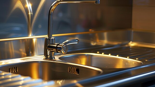 Stainless steel sink in a retro kitchen setup, close-up shot, isolated background, studio lighting highlighting its resistance to stains and corrosion, perfect for advertising