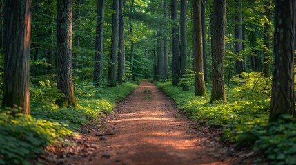 Naklejka premium Environmental conservation concept, A forest path lined with trees, symbolizing the tranquility and importance of preserving natural trails. Realistic Photo,