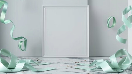 Ultra high definition 3D render of a minimalist room with a blank frame, mint green ribbons, and a marble floor. Mockup.