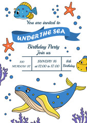 Invitation to the Birthday. Children's holiday. Sea  cartoon creatures.  Characters in trendy style. Themed Party with balloons. Vector illustration. Pie with candles. Kids. Template and concept
