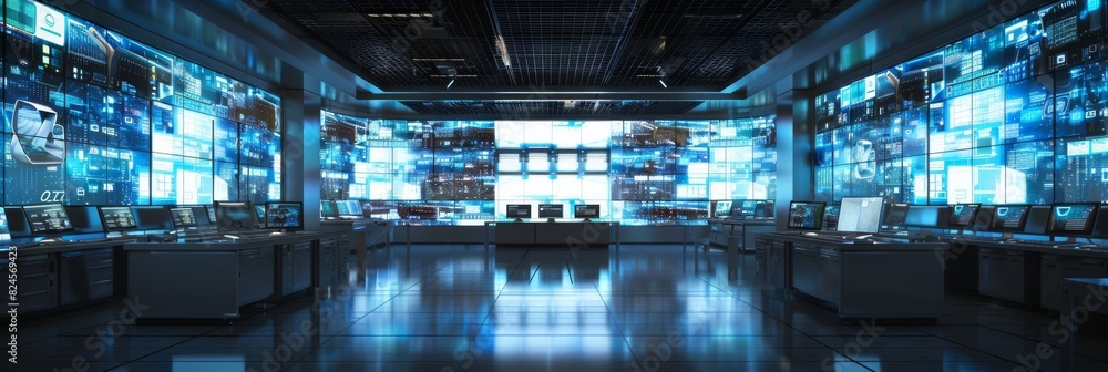 Poster an industry 4.0 modern factory: a surveillance camera footage feed is displayed on multiple computer