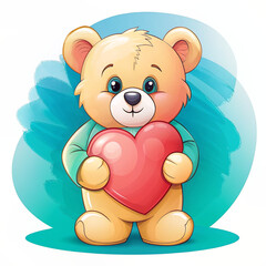 Obraz premium A cute cartoon teddy bear holding a red heart, sitting with a cheerful smile, conveying warmth, love, and affection.