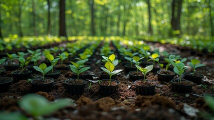 Seedlings growing in the forest have been planted to further the concept of environmental conservation and natural sustainability.