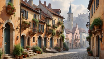 Naklejka premium A quaint European town street with colorful buildings, potted plants, and a picturesque atmosphere