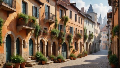 Obraz premium Colorful European-style street with terracotta buildings, green shutters, and hanging baskets