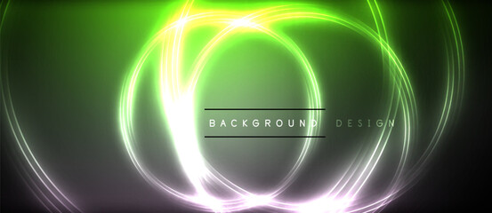 Neon glowing circle rays, light round lines in the dark, planet style neon wave lines. Energetic electric concept design for wallpaper, banner, background