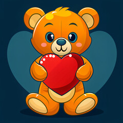 Obraz premium A cute cartoon teddy bear holding a red heart, sitting with a cheerful smile, conveying warmth, love, and affection.