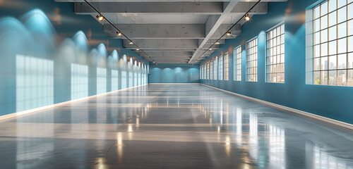 Fototapeta premium Empty spacious light exhibition hall with azure blue wall, glossy concrete floor, and windows. 3D rendering, mockup.