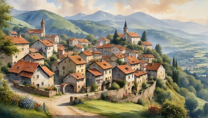 Obraz premium Tranquil Village Scene with Mountains
