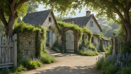 A serene village with stone houses, lush greenery, and a tranquil rural setting.