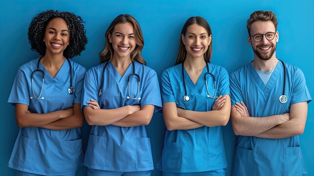 doctor er surgical team with medical clinic room background for emergency nursing care professional teamwork copy space ad new isolated over bright blue color background stock image