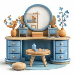 Blue Vanity Table with Round Mirror and Wooden Stool