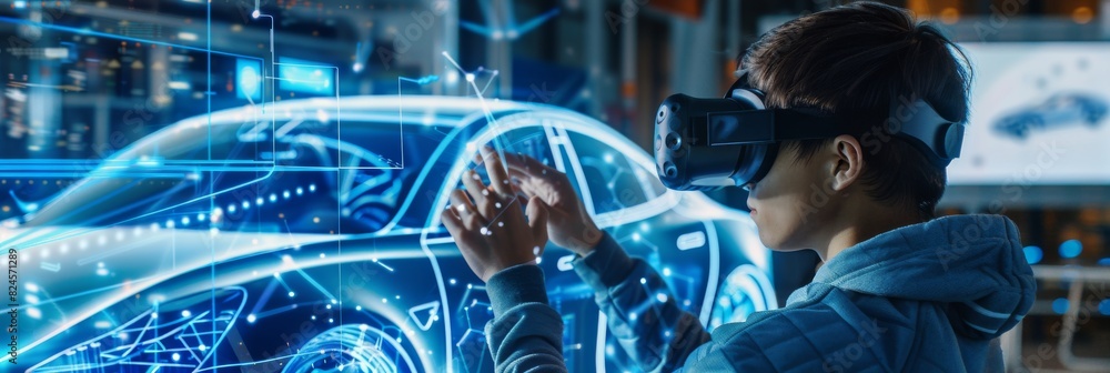 Poster virtual reality headset for virtual electric car 3d model analysis and improvement. 3d graphics visu