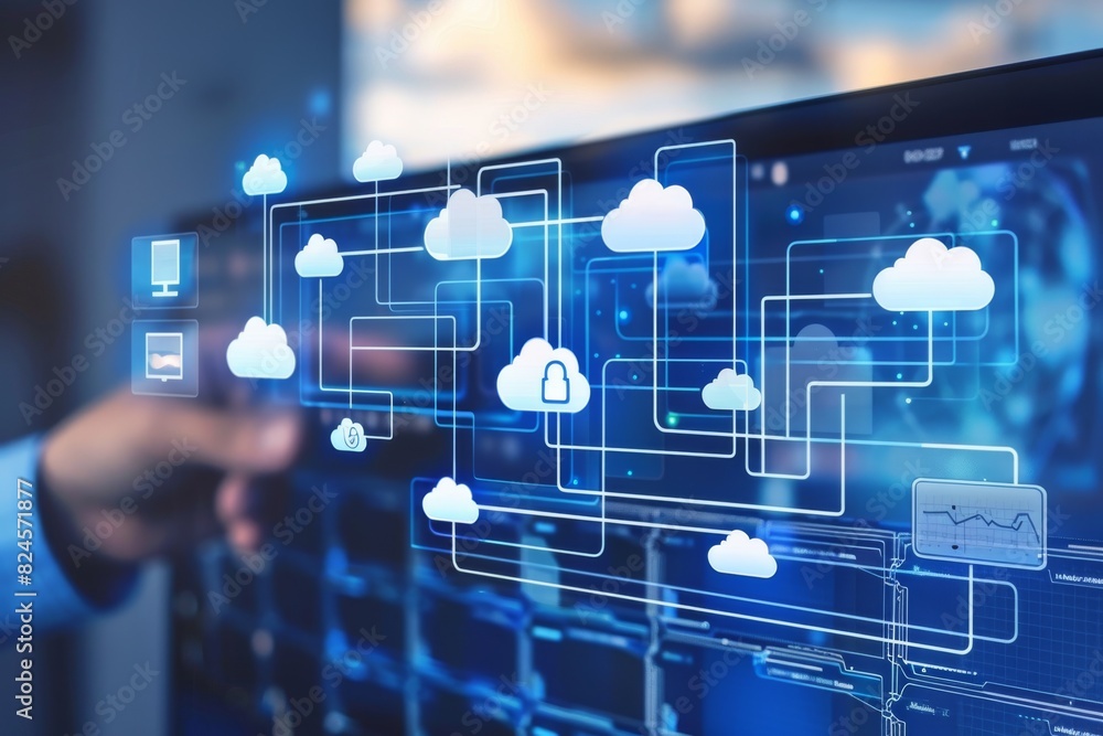 Aufkleber finger pointing to secure digital network interface emphasizes cybersecurity measures