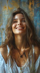 Fototapeta premium Portrait of a smiling young woman with long brown hair