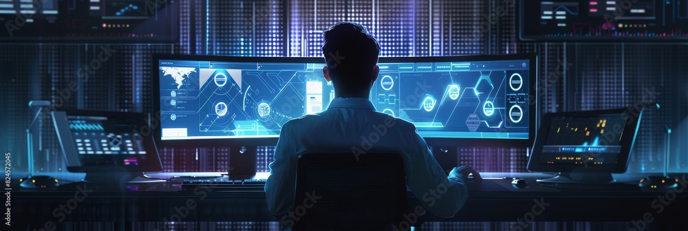 Poster a software developer codes while looking at his computer display, while working on ai analysis. mode