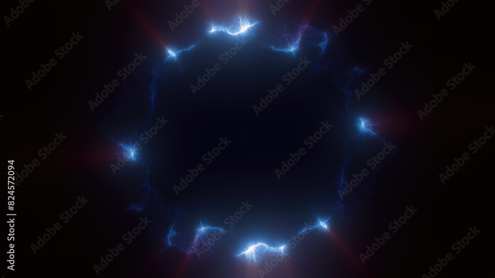 Poster blue swirling circle frame of multicolored lines of energy particles. abstract background