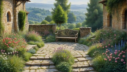 Obraz premium A serene garden scene with a classical design and stone pathway