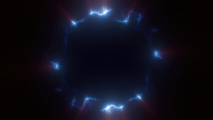 Blue swirling circle frame of multicolored lines of energy particles. Abstract background