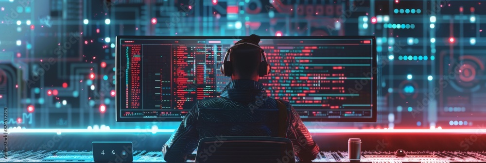 Poster work on a desktop computer with an interface for charts, graphs, infographics, neural network data, 