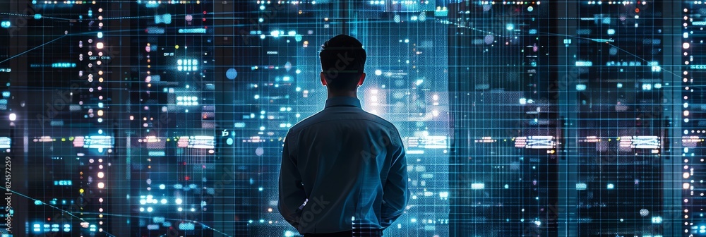 Poster skilled system administrator or consultant in dark evening room working station indoors checking and