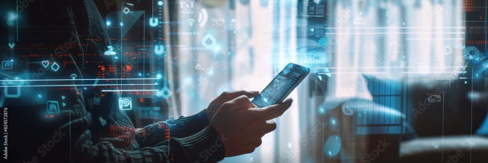 Poster close up photo of man scrolling social network feeds and double tapping on smartphone display. young