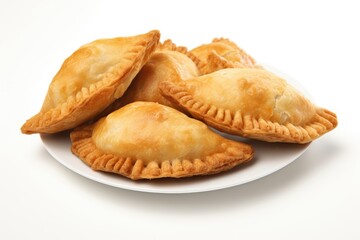 Chilean empanadas with a golden, flaky crust. White background.