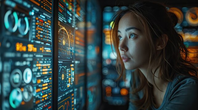 hologram data trading overlay and business woman with phone point at nft code in a office fintech invest and information technology work of finance worker illustration photo