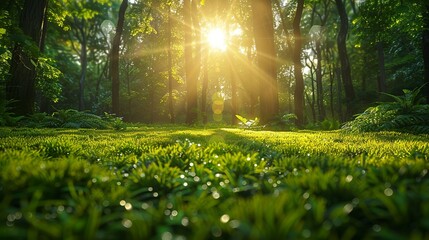 Environmental conservation concept, A lush green forest with sunlight filtering through the trees, highlighting the importance of preserving natural habitats for biodiversity. Realistic Photo,