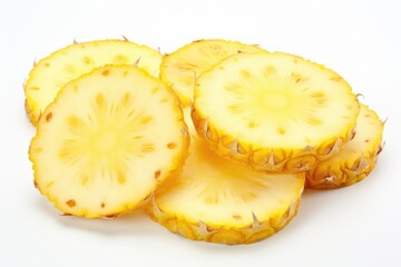 Hawaiian pineapple slices perfectly carved for freshness. White background.