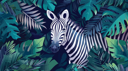 Zebra and Tropical Leaves at Forest Vector illustration