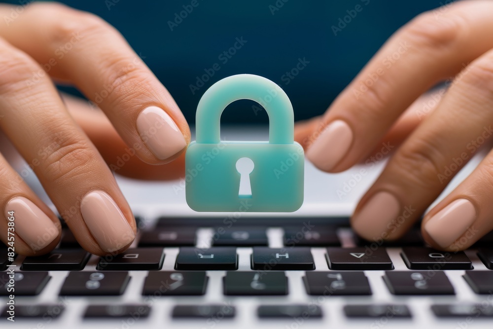 Poster hands holding digital lock on keyboard emphasizes data protection and cybersecurity focus