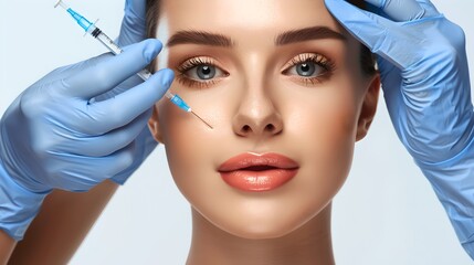 Cosmetic procedure with woman receiving facial injections. Close-up view of professional skin treatment. Beauty, elegance, and skincare enhancement. Medical imagery for commercial use. AI