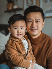 Photograph of an Asian single father in his late 30s, sharing a moment with his son. He's dressed in comfortable yet stylish clothes, capturing a warm, familial atmosphere in an urban setting