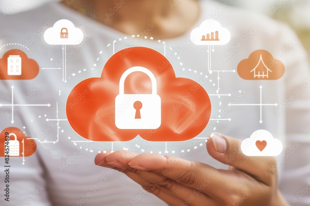 Poster hands presenting digital cloud lock emphasizes modern data security in technology