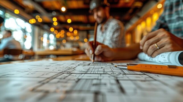 engineers work as a team with blueprints for architectural plans engineer sketching construction project concept with architect equipment architects talking at table with illustration image