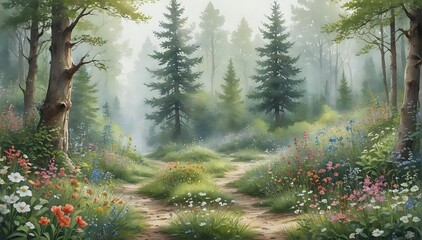 Stylized Forest Path with Flowers and Pine Trees
