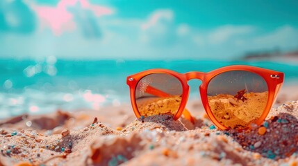 Obraz premium A pair of sunglasses resting on a sandy beach, with the ocean in the background and vibrant red frames.