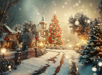 Snowy Village Christmas Scene with Majestic Tree