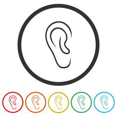 Human ear icon. Set icons in color circle buttons